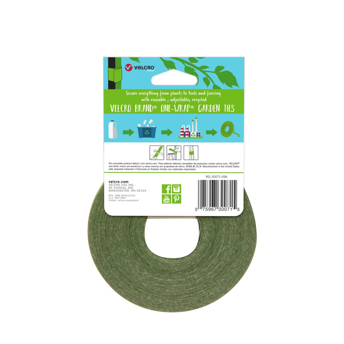 VELCRO® Brand ONE-WRAP® Garden Ties are made in the US from 65% recycled plastic.
