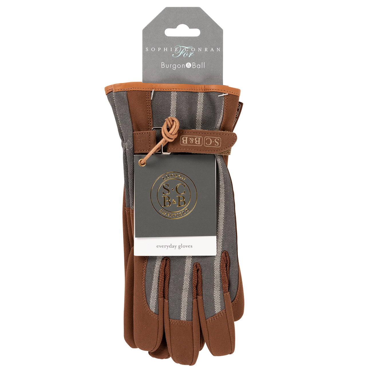 Retail packaging for Sophie Conran for Burgon & Ball Everyday Gardening Gloves in grey ticking stripe.
